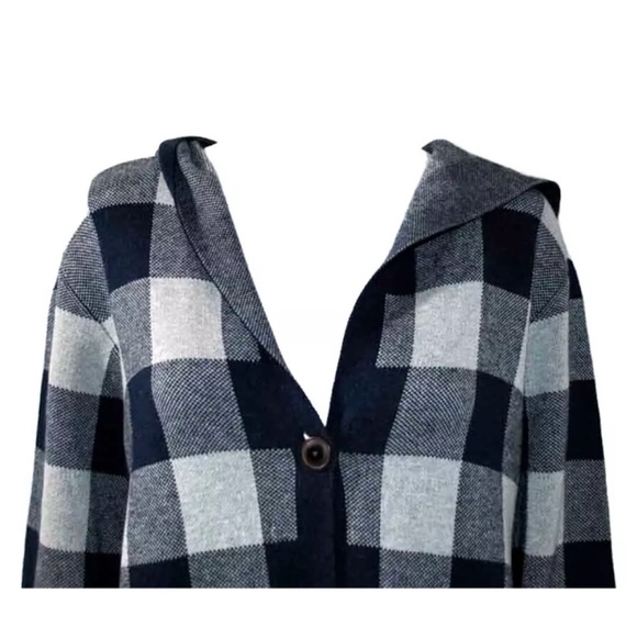 D & Co Jacquard Plaid Open Front Hooded Cardigan Navy Checkered FREE SHIPPING - Picture 3 of 12
